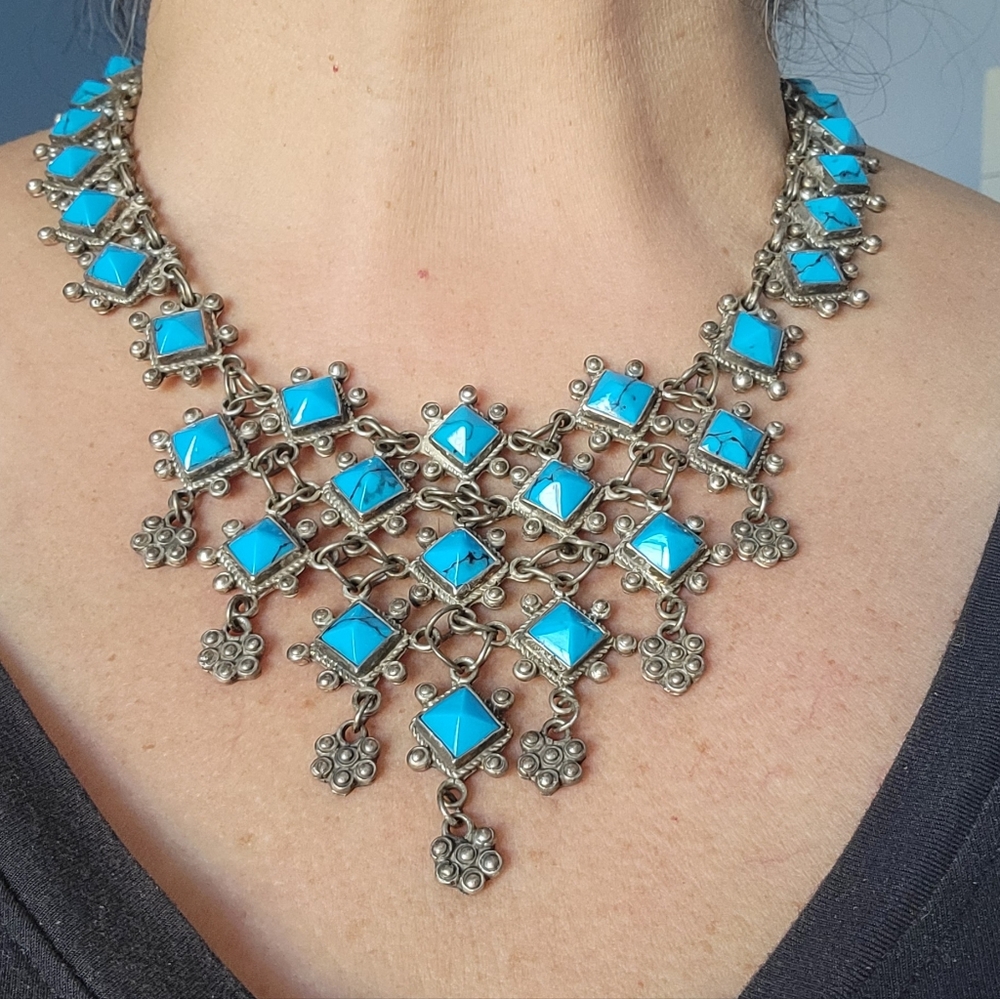 Vintage Taxco Mexico 925 Silver & Block Turquoise Pyramid BIB Statement Necklace